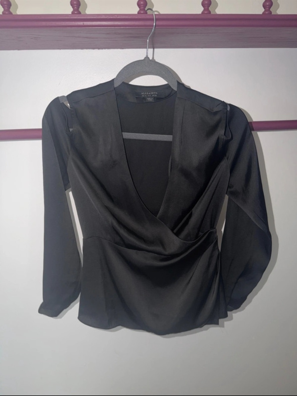 All Saints Black Satin Wrap-Front Blouse